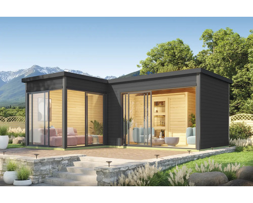 Abri de jardin Outdoor Life Domeo 11 avec plancher 619,6 x 519,6 cm gris carbone Pavillon de jardin moderne avec de grandes façades vitrées et un revêtement en bois sombre, entouré d''un paysage de jardin