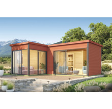 Abri de jardin moderne avec de grandes fenêtres et une terrasse à l''extérieur.