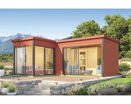 Abri de jardin Outdoor Life Domeo 11 avec plancher 619,6 x 519,6 cm rouge de falun Abri de jardin moderne avec de grandes fenêtres et une terrasse à l''extérieur.