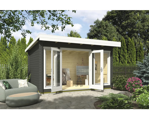 Abri de jardin Outdoor Life Dorset 1 avec plancher 430 x 320 cm vert gris Maison de jardin en bois avec double porte, canapé et aménagement paysager