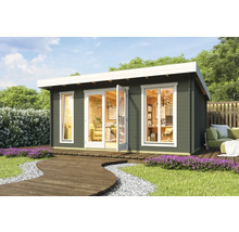 Abri de jardin avec terrasse, mobilier de jardin et aménagement intérieur