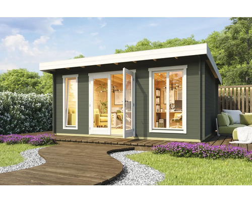 Abri de jardin Outdoor Life Dorset 3 avec plancher 540 x 460 cm vert gris Abri de jardin avec terrasse, mobilier de jardin et aménagement intérieur