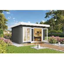 Maison de jardin moderne avec mobilier de bureau et porte coulissante