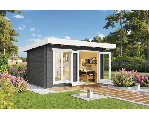 Abri de jardin Outdoor Life Dorset 71 avec plancher 460 x 360 cm gris carbone Maison de jardin moderne avec mobilier de bureau et porte coulissante