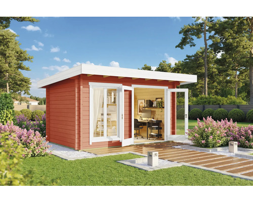 Abri de jardin Outdoor Life Dorset 71 avec plancher 460 x 360 cm rouge de falun Maison de jardin moderne avec mobilier de bureau dans le jardin