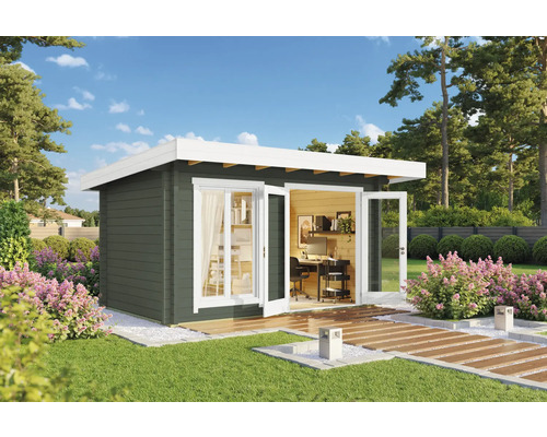Abri de jardin Outdoor Life Dorset 71 avec plancher 460 x 360 cm vert gris Jardin avec cabanon de jardin moderne en bois avec double porte ouverte et intérieur aménagé en bureau