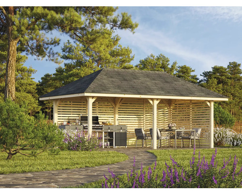 Pavillon en bois avec espace barbecue et coin salon dans le jardin