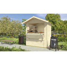 Kiosque de vente en bois dans un parc avec des collations, une table, une poubelle et un tableau de menu de café