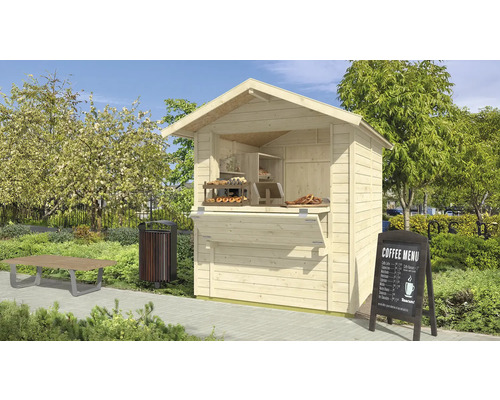 Abri de jardin weka Mori 4 avec plancher 195 x 225 cm naturel Kiosque de vente en bois dans un parc avec des collations, une table, une poubelle et un tableau de menu de café