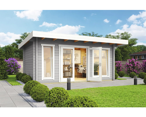 Abri de jardin Outdoor Life Dorset 72 avec plancher 510 x 360 cm gris clair Abri de jardin moderne avec terrasse et grandes fenêtres pour beaucoup de lumière naturelle.