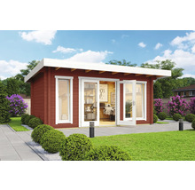 Abri de jardin avec mobilier de bureau et portes doubles ouvertes