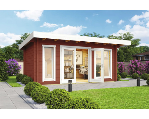 Abri de jardin Outdoor Life Dorset 72 avec plancher 510 x 360 cm rouge de falun Abri de jardin avec mobilier de bureau et portes doubles ouvertes