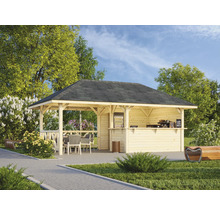 Bar de jardin en bois avec toit et tables à l''extérieur