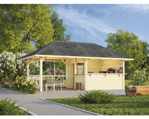 Bar de jardin en bois avec toit et tables à l''extérieur