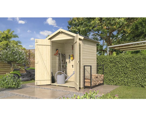 Abri de jardin weka Mori 2.1 avec plancher 195 x 137 cm naturel Scène de jardin avec abri à outils en bois ouvert, échelle, arrosoir et support à bois de chauffage