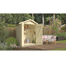 Scène de jardin avec un abri de jardin en bois ouvert, rempli d''outils de jardin et de pots de fleurs