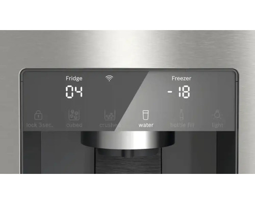 Écran du réfrigérateur avec affichage de la température et fonctions pour glaçons, glace pilée et eau