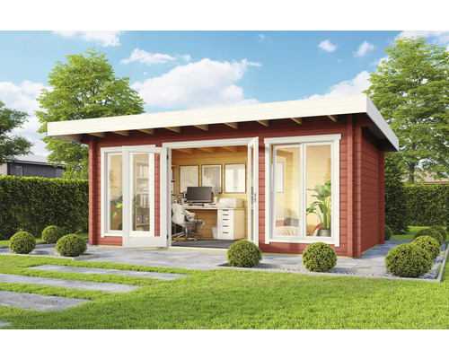 Abri de jardin Outdoor Life Dorset 73 avec plancher 540 x 360 cm rouge de falun Maison de jardin moderne avec équipement de bureau à l''extérieur.