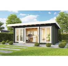 Abri de jardin moderne avec équipement de bureau et beaucoup de lumière naturelle