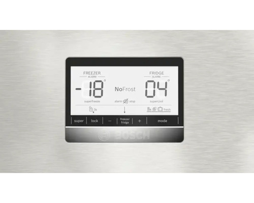 Bedienfeld eines Kühlschranks mit digitaler Temperaturanzeige und Bosch Logo