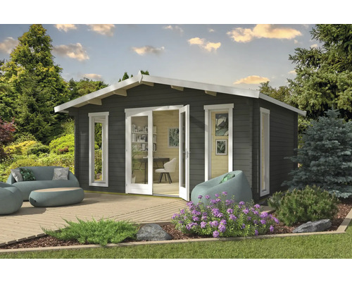 Abri de jardin Outdoor Life Elgin 44 Gold avec plancher, vitrage isolant 527,9 x 430 cm gris-vert Abri de jardin avec terrasse, mobilier de jardin et plantations dans un jardin