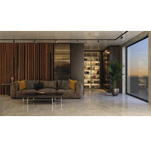 Helles Wohnzimmer mit Sofa, Holzwand, Bücherregal und Zimmerpflanze