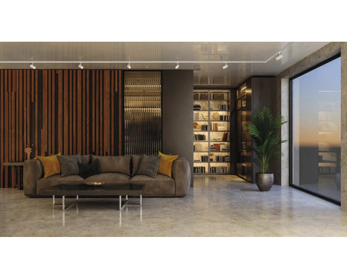 Salon moderne avec canapé, table basse, bibliothèque et plante d''intérieur.
