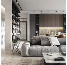 Salon moderne avec canapé gris, table basse et étagères ouvertes