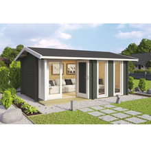 Abri de jardin moderne avec fenêtres et porte, structure en bois et toit plat