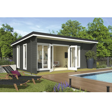 Abri de jardin moderne avec portes doubles ouvertes, terrasse en bois et piscine dans le jardin