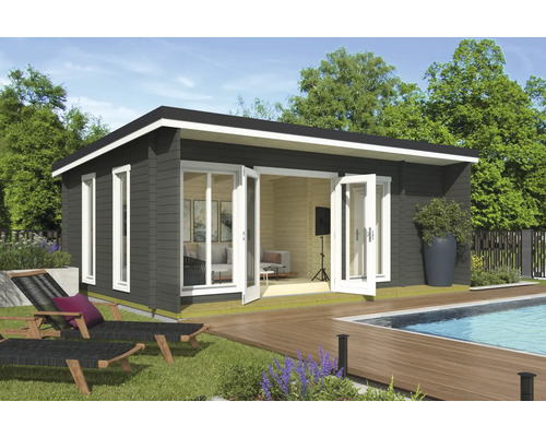 Abri de jardin Outdoor Life Japan avec plancher 648 x 470 cm vert gris Abri de jardin moderne avec portes doubles ouvertes, terrasse en bois et piscine dans le jardin