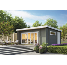 Abri de jardin en bois avec portes coulissantes et terrasse avec mobilier de jardin