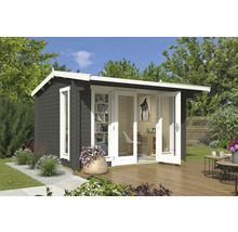 Maison de jardin moderne avec double porte et fenêtre sur terrasse en bois.