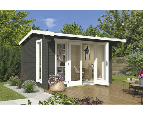 Maison de jardin moderne avec double porte et fenêtre sur terrasse en bois.
