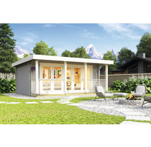 Scène de jardin avec cabanon de jardin gris, mobilier de jardin et foyer