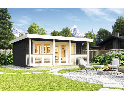 Abri de jardin Outdoor Life Liverpool 1 avec plancher 610 x 460 cm gris carbone Scène de jardin avec abri de jardin en bois, terrasse avec coin salon et foyer