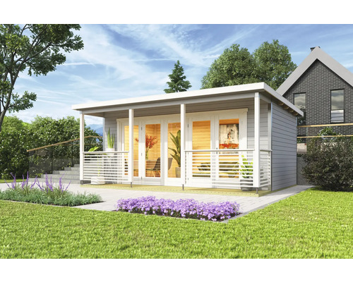Abri de jardin Outdoor Life Liverpool 2 avec plancher 580 x 430 cm gris clair Maison de jardin moderne avec terrasse et double porte vitrée