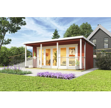 Abri de jardin moderne avec terrasse et portes coulissantes