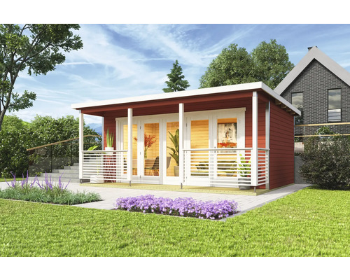 Abri de jardin Outdoor Life Liverpool 2 avec plancher 580 x 430 cm rouge falun Abri de jardin moderne avec terrasse et portes coulissantes