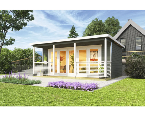 Abri de jardin Outdoor Life Liverpool 2 avec plancher 580 x 430 cm vert gris Maison de jardin moderne avec terrasse et jardin verdoyant