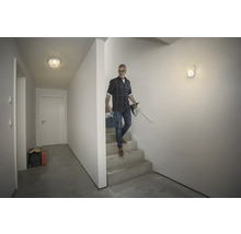 Flur mit Treppe, beleuchtet mit Deckenleuchte und Wandleuchte