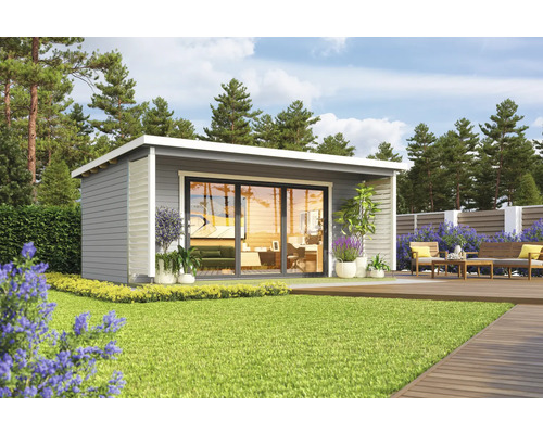 Abri de jardin Outdoor Life Liverpool 3 avec plancher 580 x 430 cm gris clair Maison de jardin moderne avec terrasse et coin salon dans un écrin de verdure.