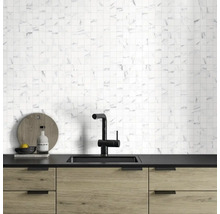 Küchenszene mit Mosaikfliesenwand, Spüle und Unterschrank