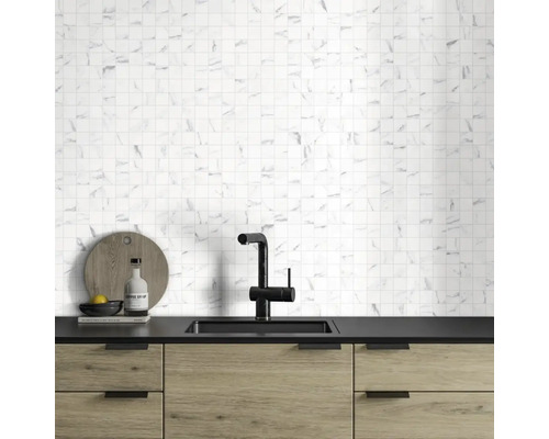 Küchenszene mit Mosaikfliesenwand, Spüle und Unterschrank