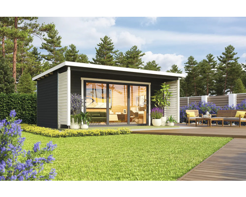 Abri de jardin Outdoor Life Liverpool 3 avec plancher 580 x 430 cm gris carbone Abri de jardin moderne avec portes coulissantes sur une pelouse soignée