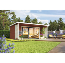 Abri de jardin moderne avec porte coulissante et terrasse