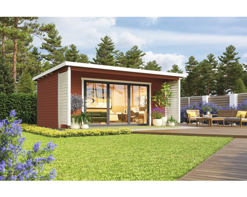 Abri de jardin Outdoor Life Liverpool 3 avec plancher 580 x 430 cm rouge suédois Abri de jardin moderne avec porte coulissante et terrasse