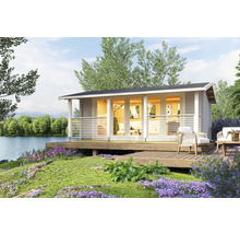 Maison de jardin en bois avec terrasse et vue sur le lac