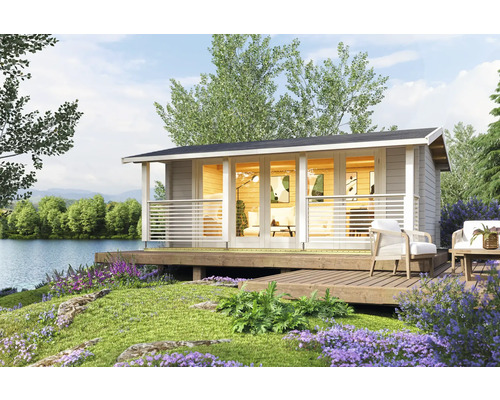 Abri de jardin Outdoor Life Lyndhurst avec plancher 610 x 460 cm gris clair Maison de jardin en bois avec terrasse et vue sur le lac