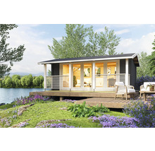 Abri de jardin avec terrasse et vue sur un lac